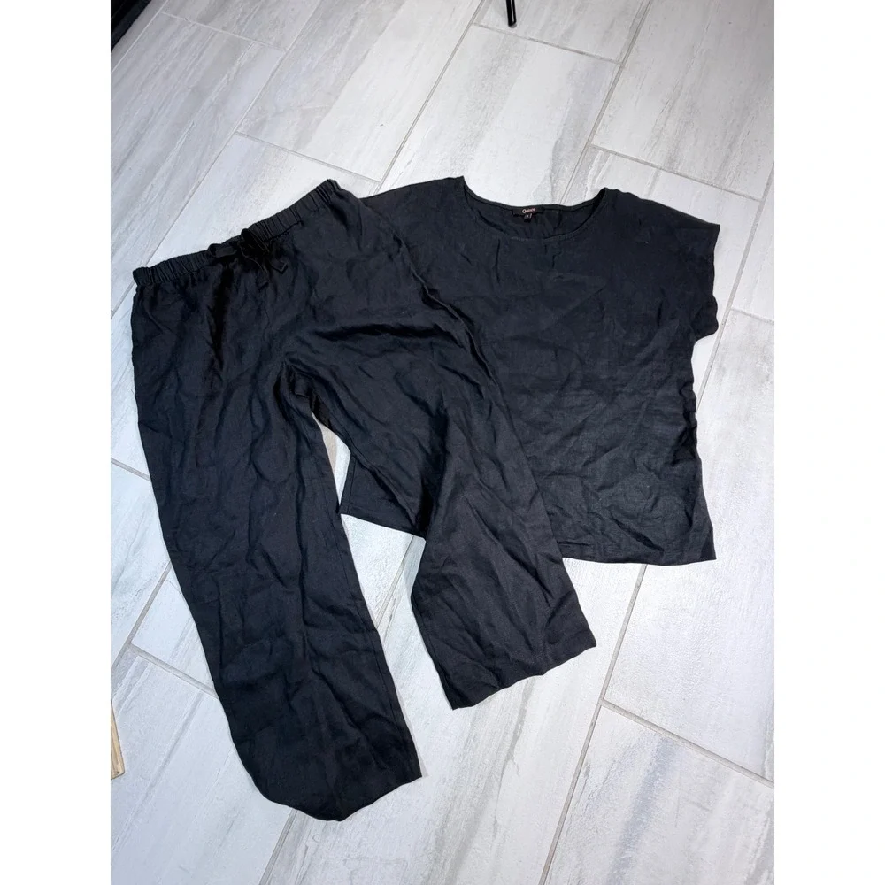 Quince Black 100% European Linen Pajama Set Short Sleeve Top Drawstring Pants S